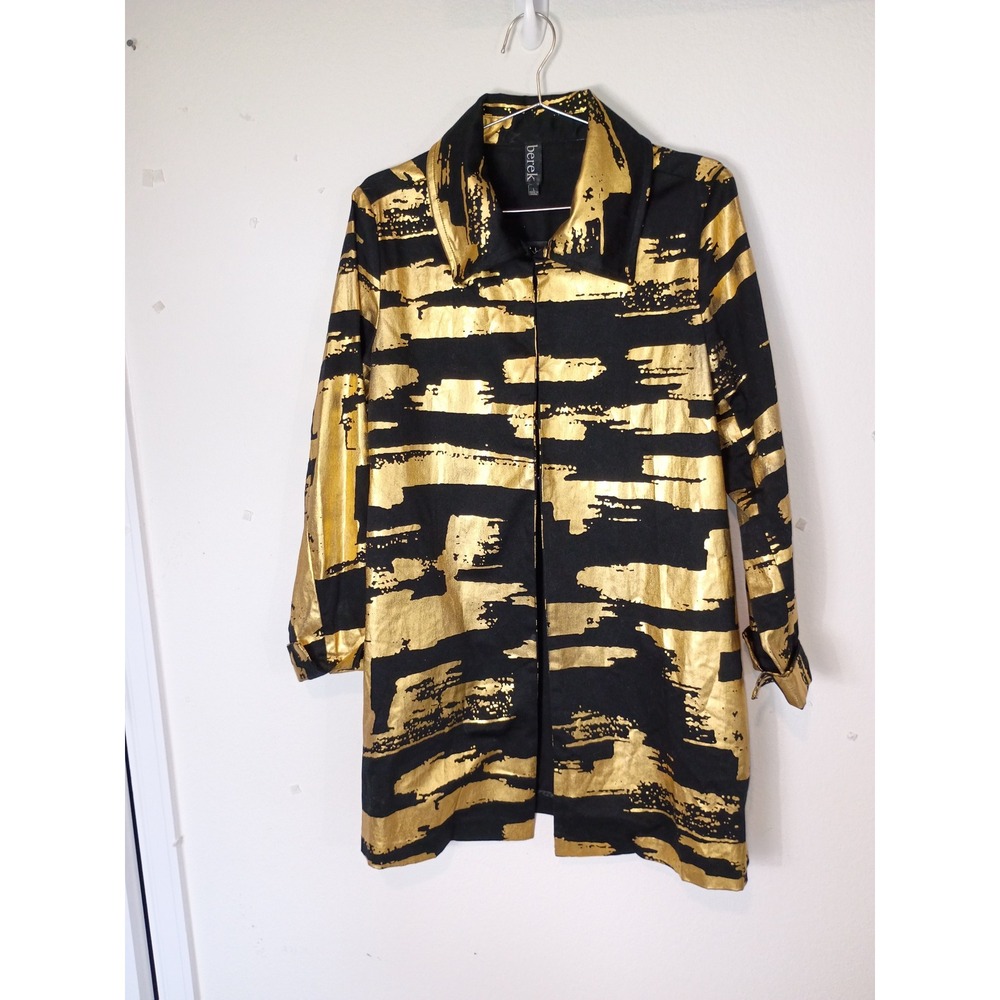 Berek Women Black Gold Metallic Foil Brushstroke Longline Jacket Coat Blazer L - Picture 3 of 13
